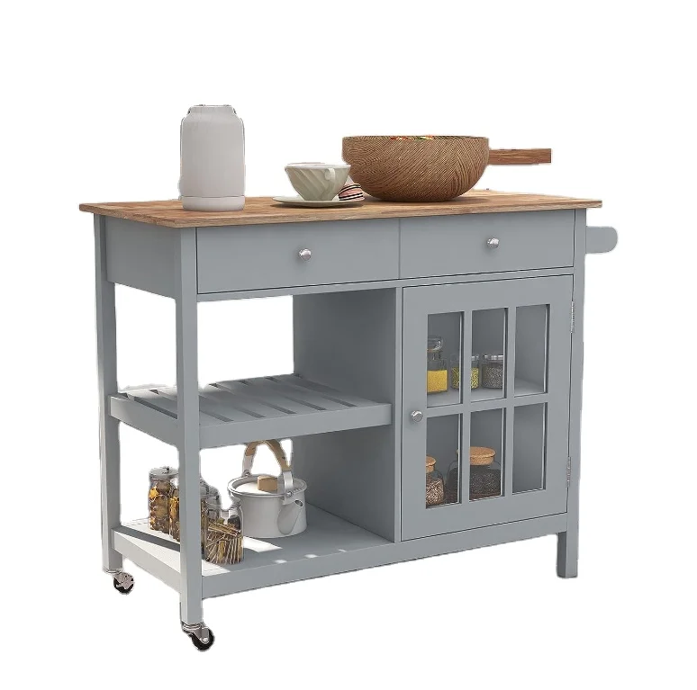 Kitchen Island Cupboard, Portable Kitchen Cart Wood Top Kitchen Trolley with Drawers and Glass Door Cabinets, Gray