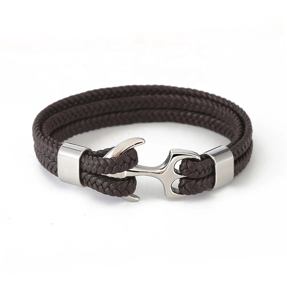 Fashion Jewelry Brown Color Multi Layer Vintage Woven Leather Rope Anchor Stainless Steel Bracelet For Men