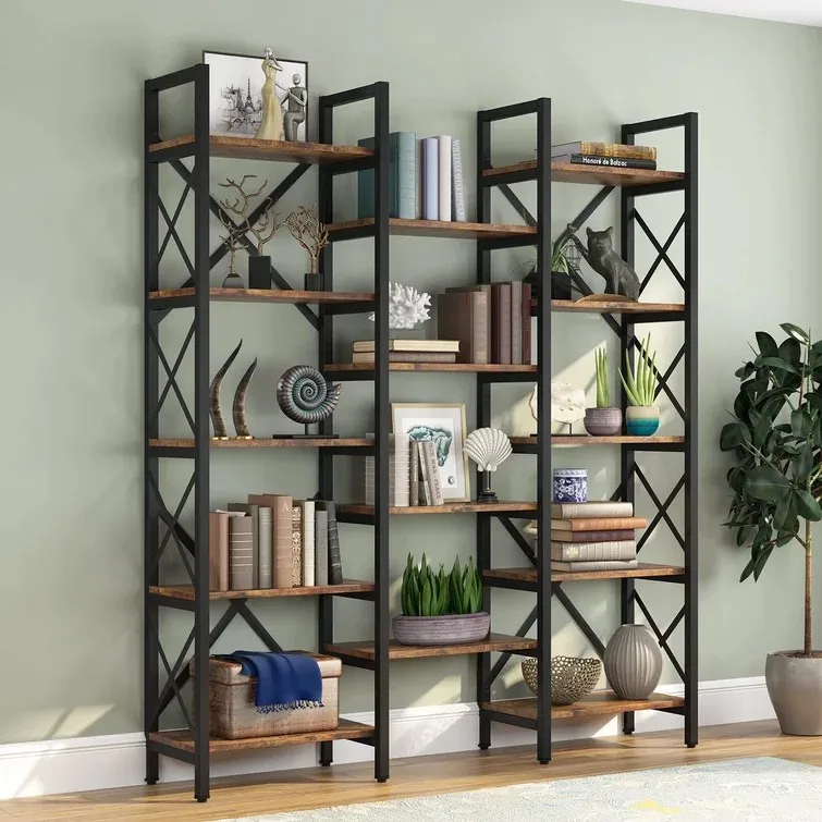 Rustic Large Open Metal Framed Bookshelf Tall Free Combination Office Bookcase Book Shelf Cabinet Rack Wood Wall Bookshelves