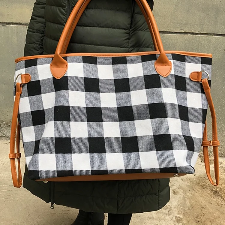 Hot Sale Women Buffalo Plaid Rainbow Striped Large Tote Bag