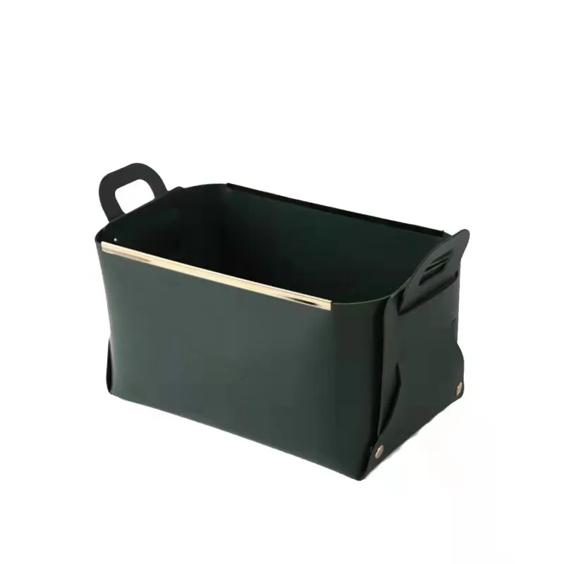 Desktop PU Leather Storage Box Foldable Sundries Storage Basket Leather Metal Tray With Handle Home Decor