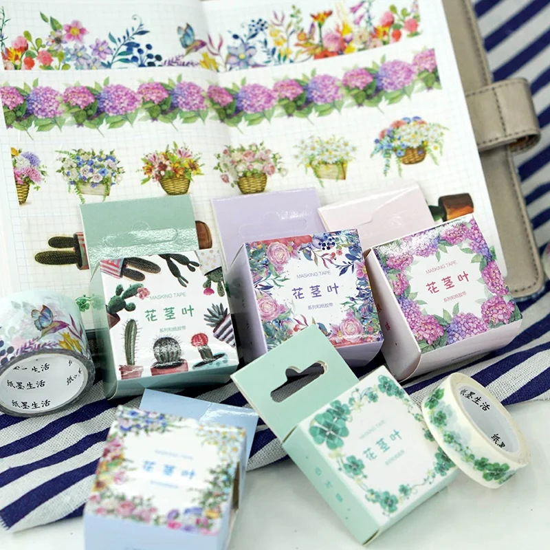 Flower stems and leaves and paper tape single boxed small fresh flowers ledger diary periphery DIY decoration can tear stickers