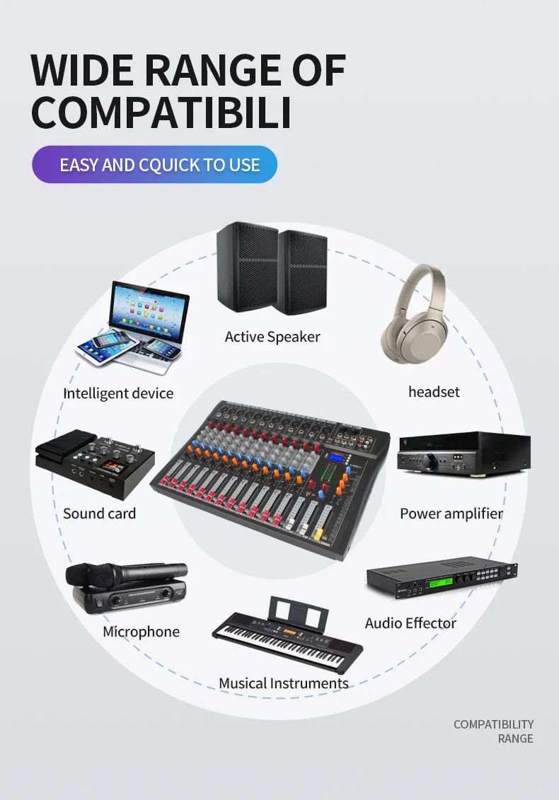 Hot Selling 12 Channel DJ mixer Console Audio Mixer Connect Power Amplifier Audio Sound Cards With USB Computer