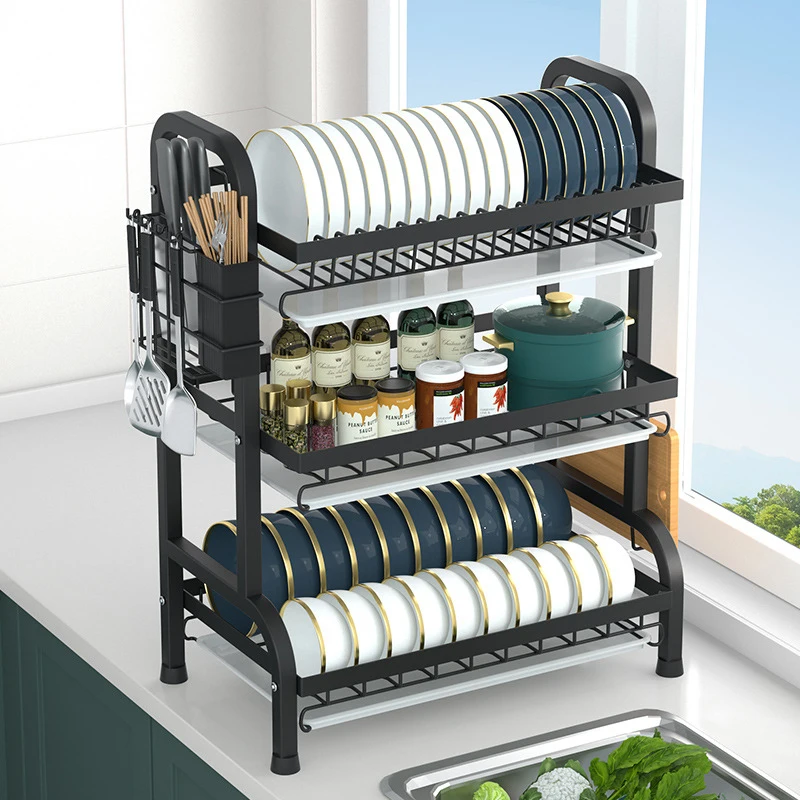 High Quality Dish Drying Rack for Kitchen Counter Stainless Steel Large 2/3 Tier Dish Rack with Auto-draining Tray Drainers