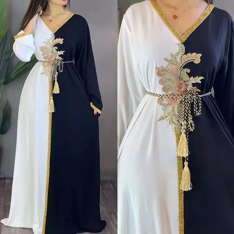 Arab Dubai Turkey Malaysia solid color stitched gown two-color Muslim Islamic women hoodies dresses Abaya