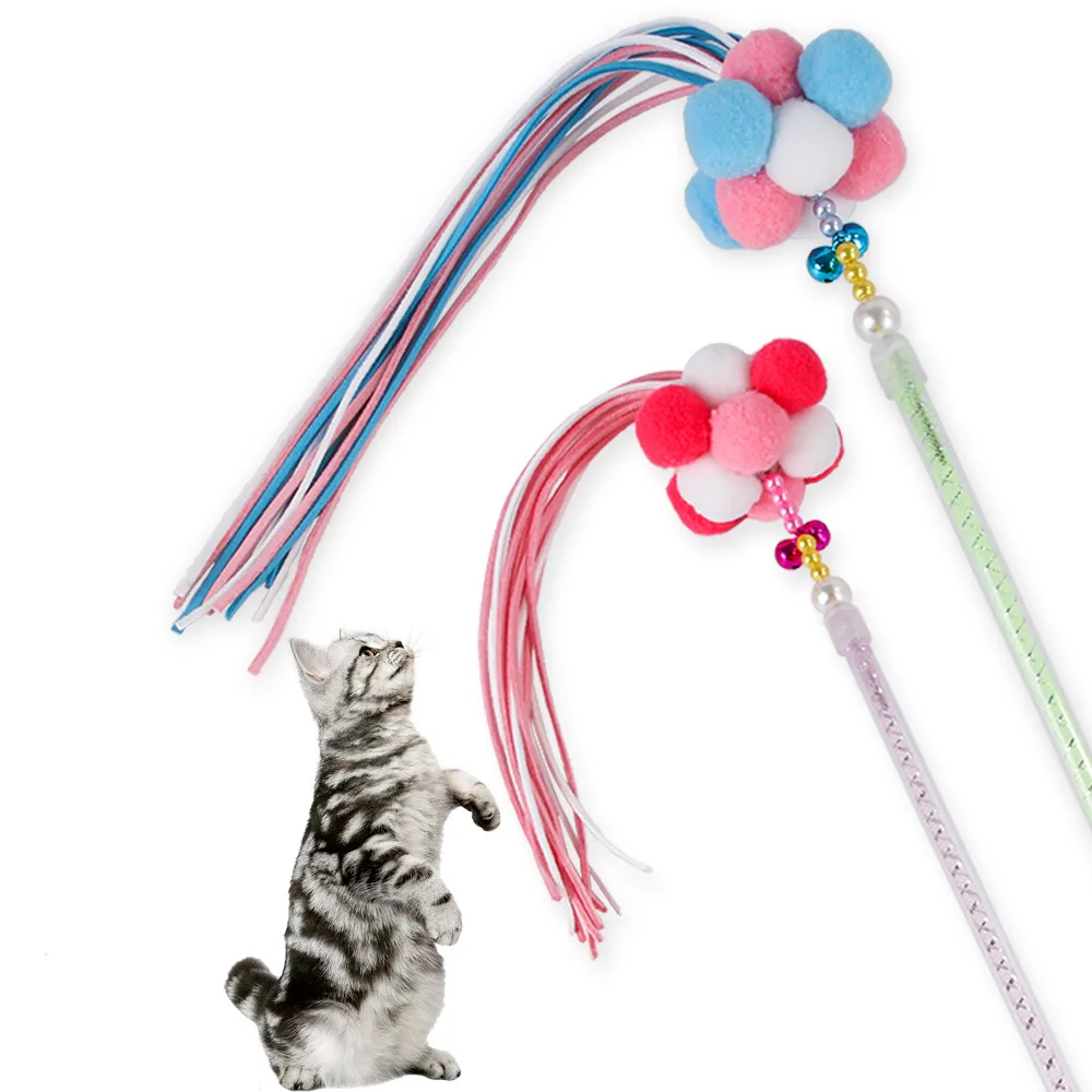 Hot Sale Funny Interactive Pet Cat Toys Fluffy Ball Bell Feather Wand Stick Pet Kitten Play Interactive Toy