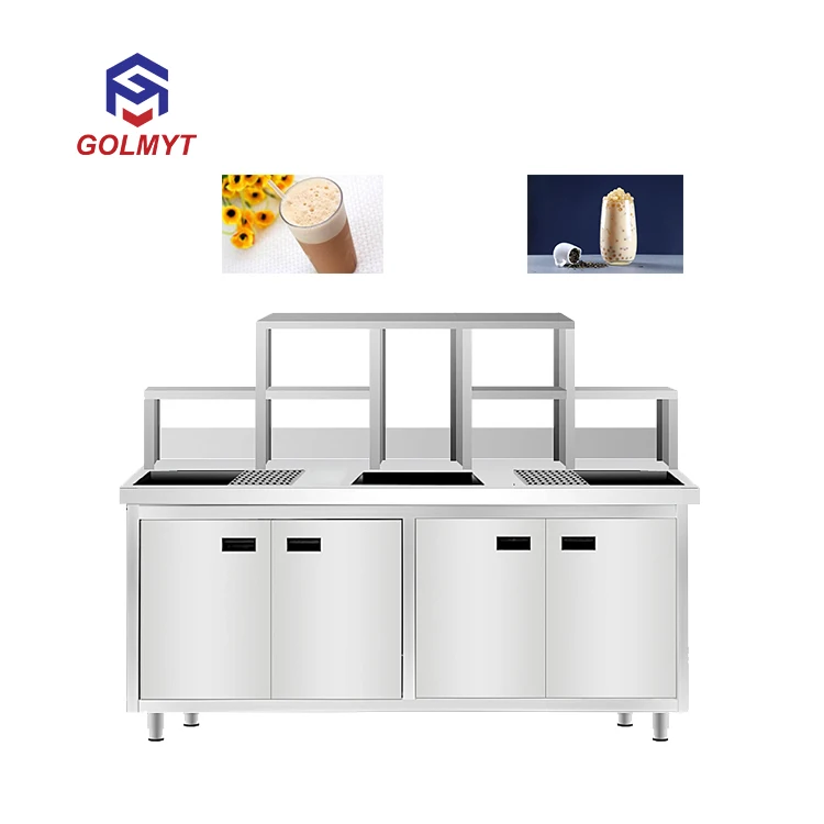 Coffee Shop Bubble Tea Bar Cabinet Counter with Sink Custom Stainless Steel Restaurant Cocktail Work Station Cabinet Factory