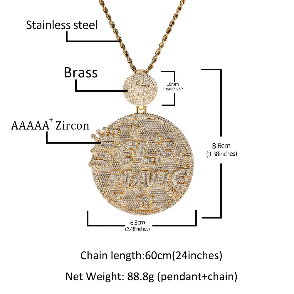 Fashion Letter SELFMADE Hip Hop Jewelry Iced Out Hip Hop Pendant Charms For Men Personality Exaggerated Large Round Necklace