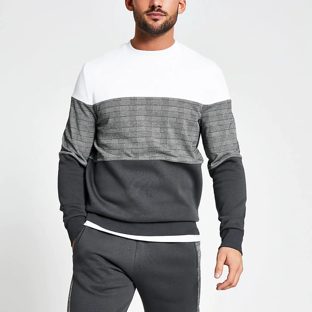2022 French Terry Cotton Sweat Shirts  Long sleeve Stripe Check Colour Block Slim Fit Sweatshirt Crewneck Sweatshirts