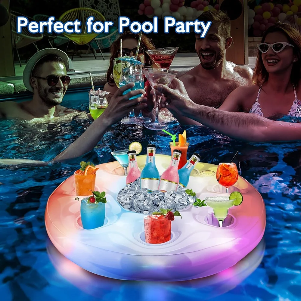 63cm Beverage Fruit Serving Bar Swimming Pool Party LED Color Changing Inflatable Drink Holder Floats With RGB