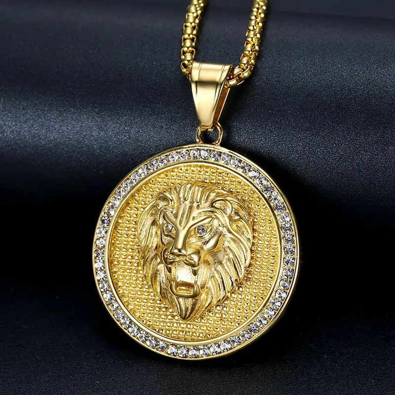 Hip Hop Iced Miami Bar Rap Lion Coin Waterproof Stainless Steel Fashion Pendant Necklaces 18K Gold Plated for Male Man Mens