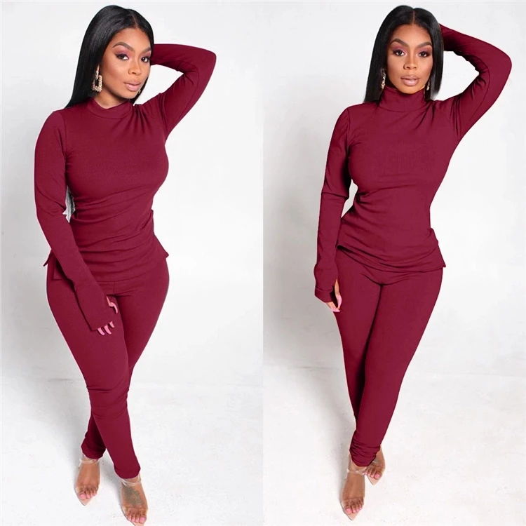 
Hot sale Sexy Skinny Long Sleeve solid color Bodycon Clothing Pant Women Two Piece pants Outfits Set 