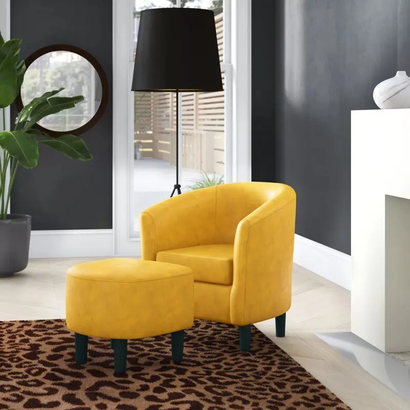 Modern design armchair luxury style yellow leather bedroom accent chair with ottoman
