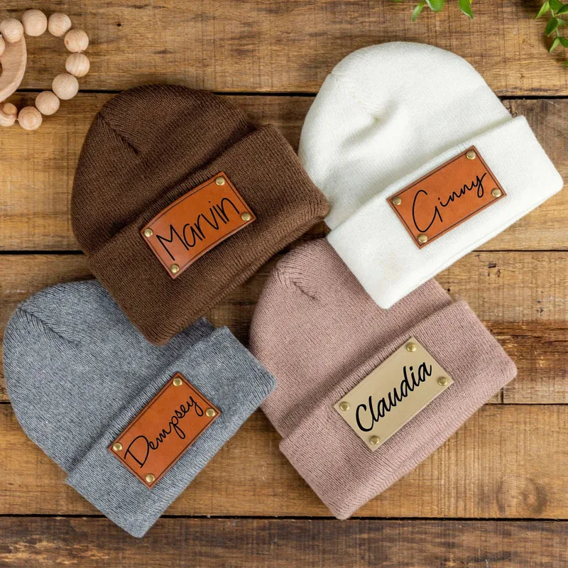 Personalized Leather Patch Beanies Name Baby skullies Knit Custom Hat Engraved ski cap Gift for Kids Infant Toddler