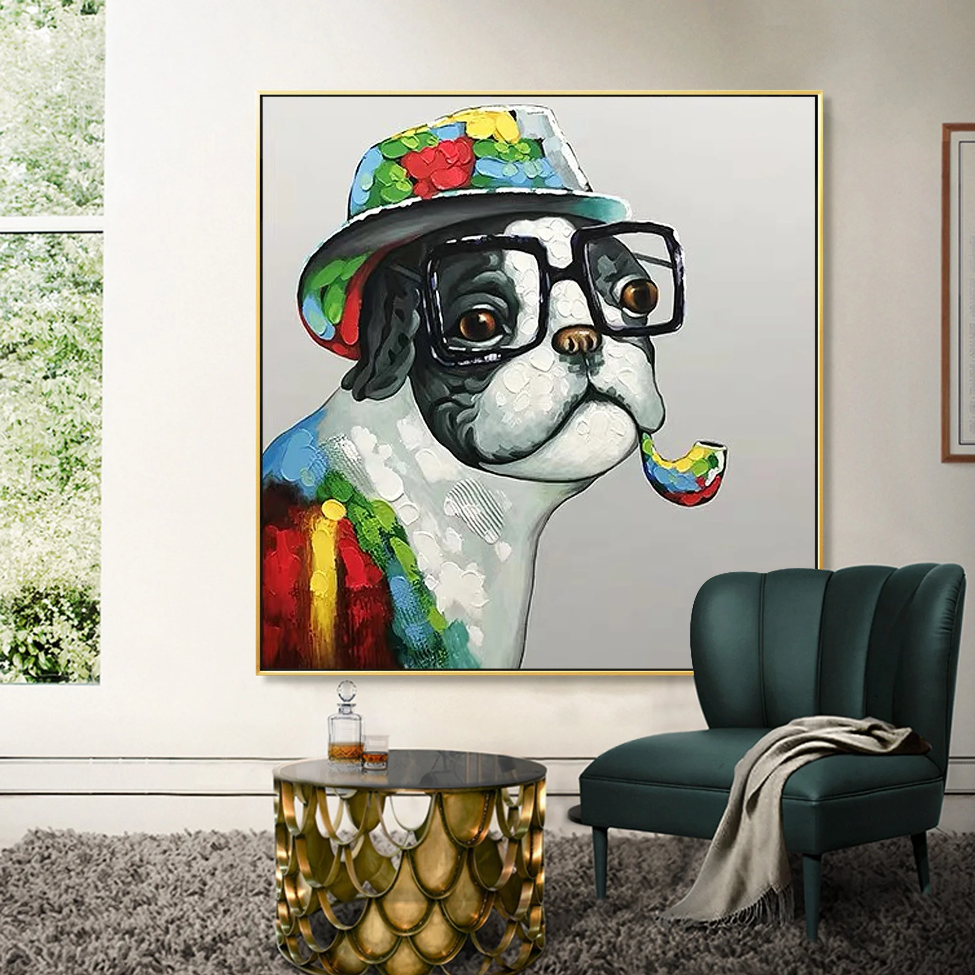 
Pop art painting glasses dog handmade yellow red green animal acrylic painting wall Art pictures for living room home decor 
