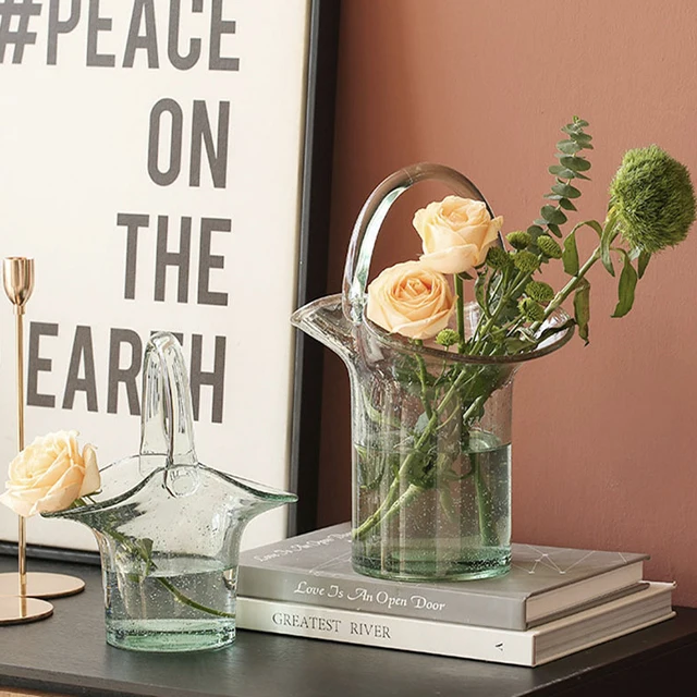 Basket Flower Vase Transparent Wholesale INS Bag Shape Portable Glass Hydroponic Glass for Home Decoration Hand Bag Art Deco