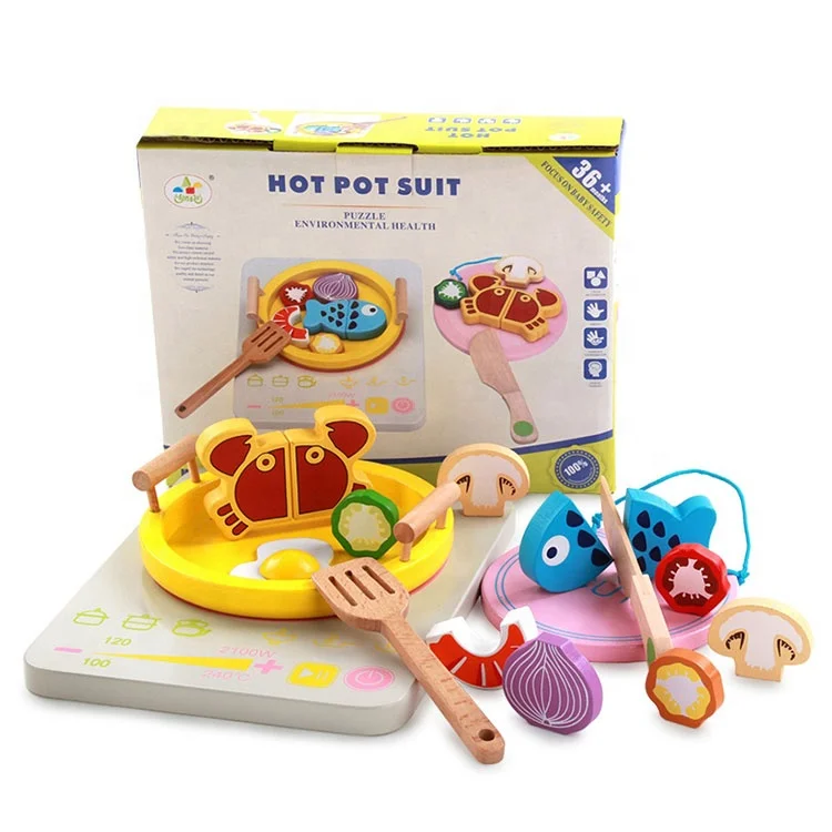 Kids Pretend Toy Wooden Kitchen Hot Pot Cooking Toy Set Play Miniature Food Kids Wooden kids cooking toys