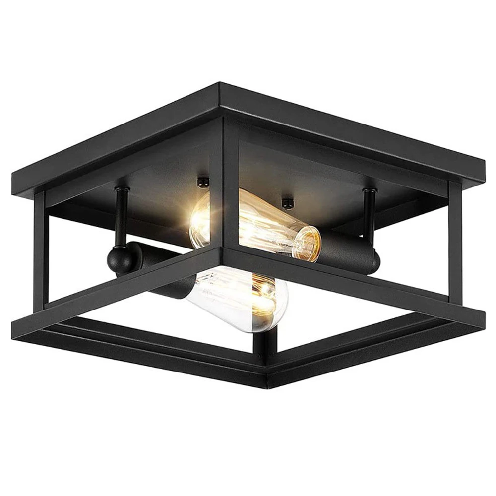 Modern Crystal Design Matt Black 2-Light Square Ceiling Lamp Flush Mount Indoor Home Lighting for Living Room