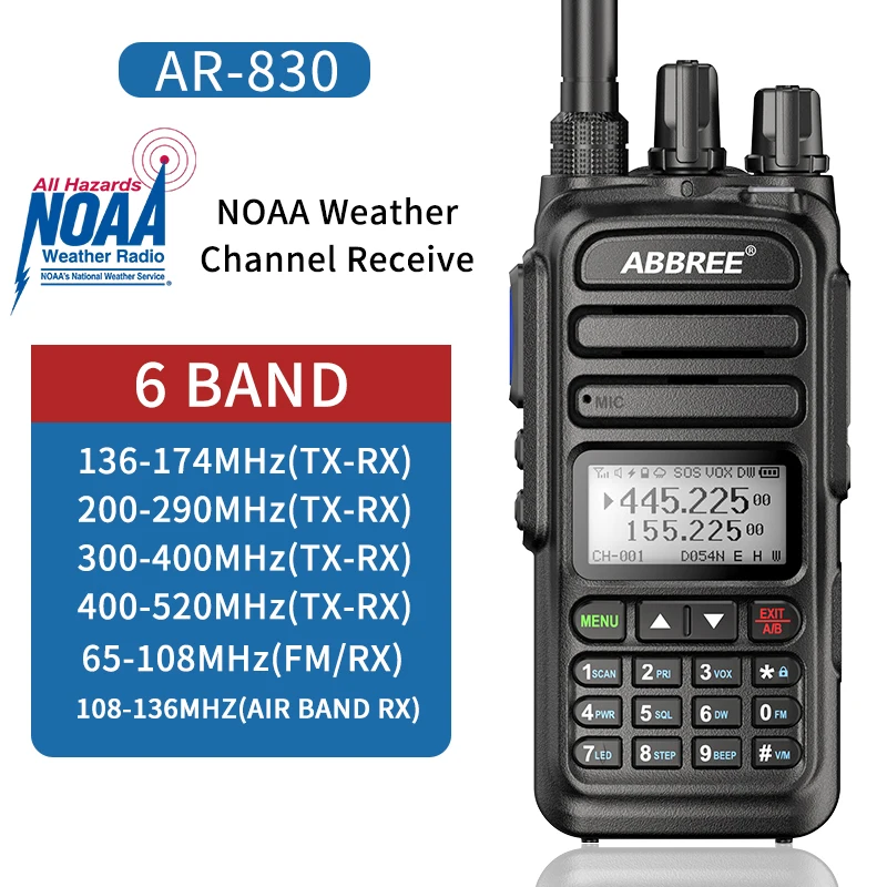 ABBREE  AR-830 NOAA Walkie Talkie 136-520MHz Air Band Wireless Copy Frequency High Power Support Type-C Charger Two-Way Radio