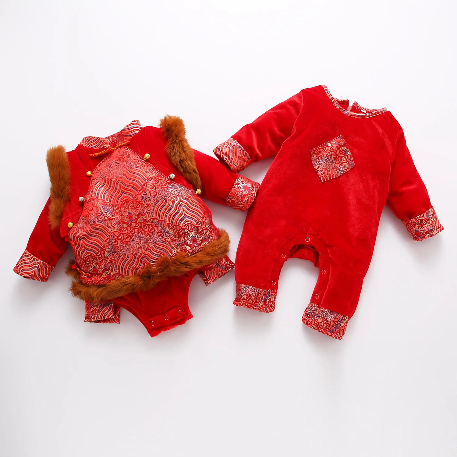 Velvet cotton warm onesie Chinese style rabbit hair vest baby children's New Year dress pink suit