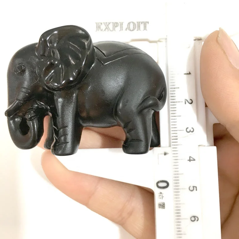 Wholesale Natural Quartz Carved Cute Animal  Elephant Statue Crystal Black Obsidian Carving For Gift