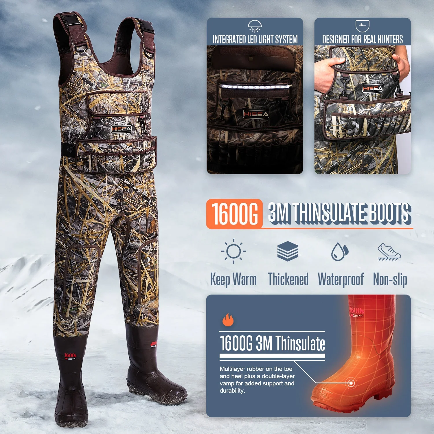 Heated Hunting Waders Neoprene Camo Chest Waders for Men with 1600 Gram Insulated Rubber Boots Durable & Warm