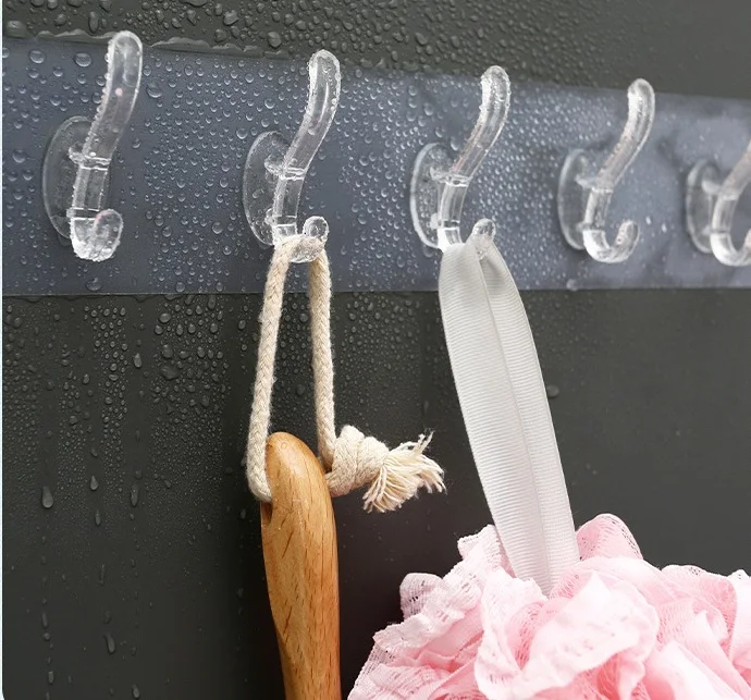 Non Perforated Multi Row Clothes Hook Transparent Adhesive 6 Row Multifunction Hooks Hat Clothes Towel Hanger Holder
