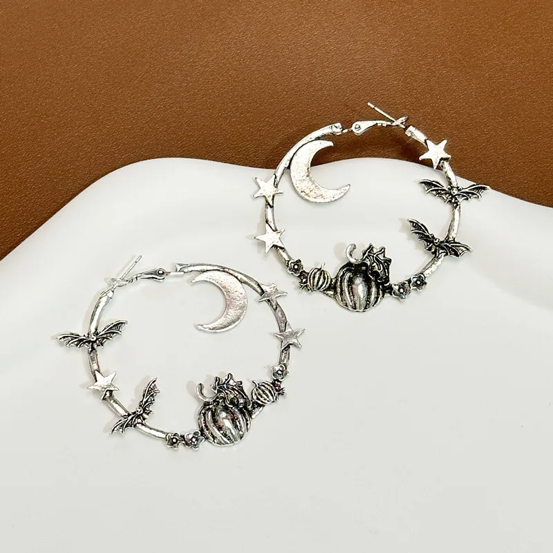 Halloween Cosplay Costume Accessories Halloween Bat Gothic Earring for Women Goth Style Moon Bat Pumpkin Dangling Hoop Earring