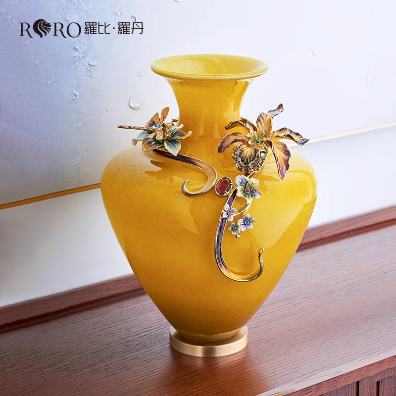 RORO Vases flower modern luxury home decorative lucky year tall yellow colored glass fresh dry flower vase for home decoration