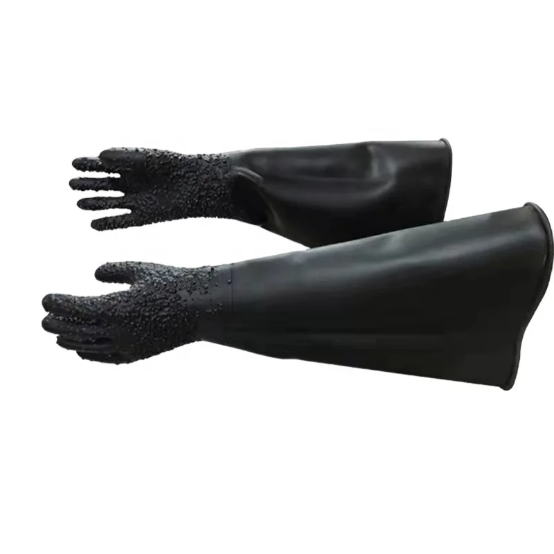 Sandblasting Gloves For Sand Blasting Cabinet 65cm Long Black Rubber Material