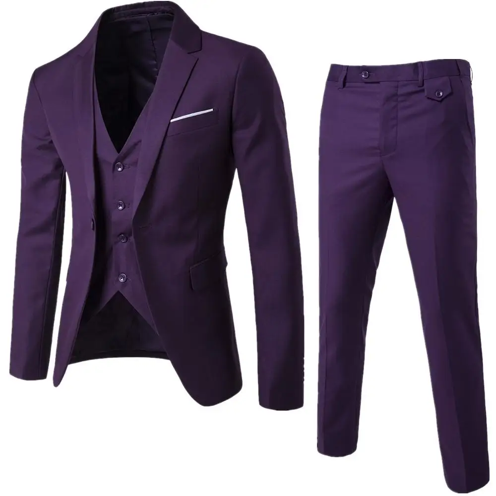 New Fashion Men Groom One Button Lapel Collar Solid Color Three-piece Casual Bridegroom Groomsman Tops+Vest+Pants Suit