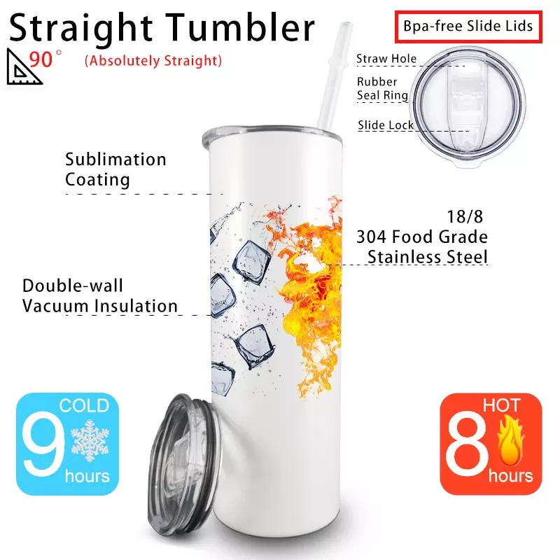 Us Warehouse 20Oz Straight White Blanks Tall Skinny Sublimation Right Angle Flat Edge Arc Double Walled Tumblers For Sublimation