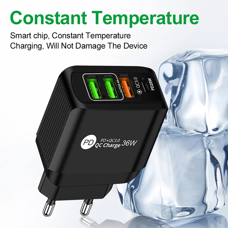 Most Popular Products 36W 4-Port QC3.0 3USB + PD Wall Fast Chargers Power Adapters for iPhone Samsung LG HTC
