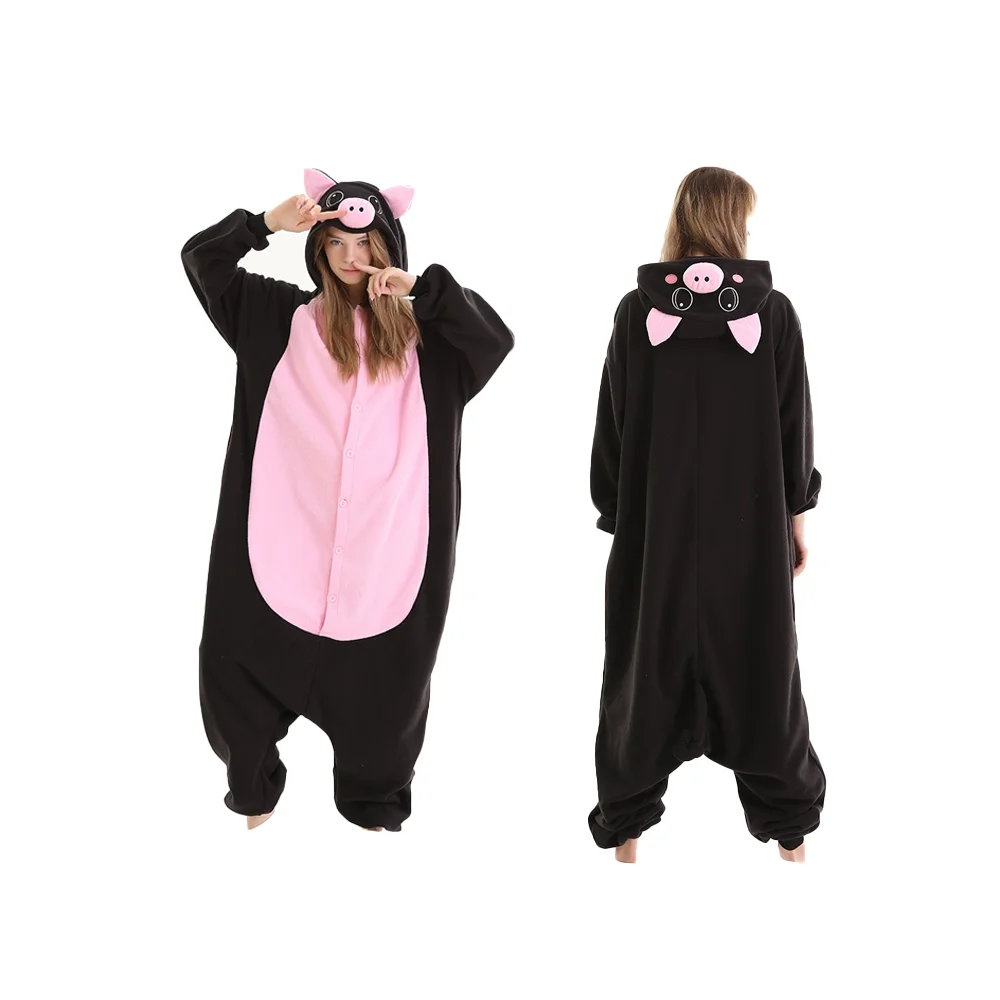 
Wholesale Cute Pink And Black Pig Animal Polar Fleece Animal Onesi Pajamas Kigurumi Costume 