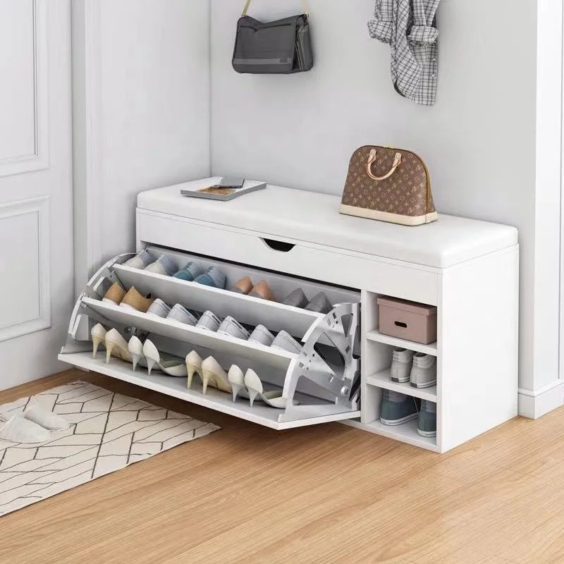 Modern Living Room Corridor Walkway Tipping Bucket Shoe Storage Cabinet Entryway Wooden Box Rack Bench With Seat Cushion