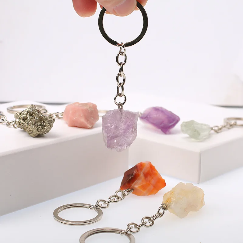 Natural Raw Stone Keychain,Crystal Quartz Pet Collar Charm,Healing Rough Crystal Bag Charm For Women Gift