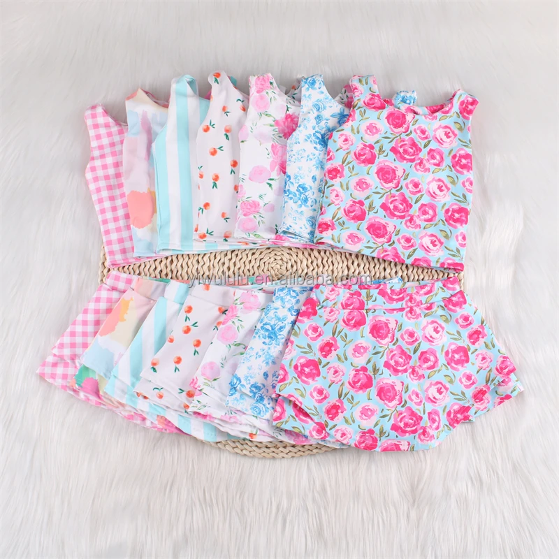 Girls Yoga Skirts Two Piece Kids Girls Sports Sets Floral Summer Girls Gym Clothing Sets