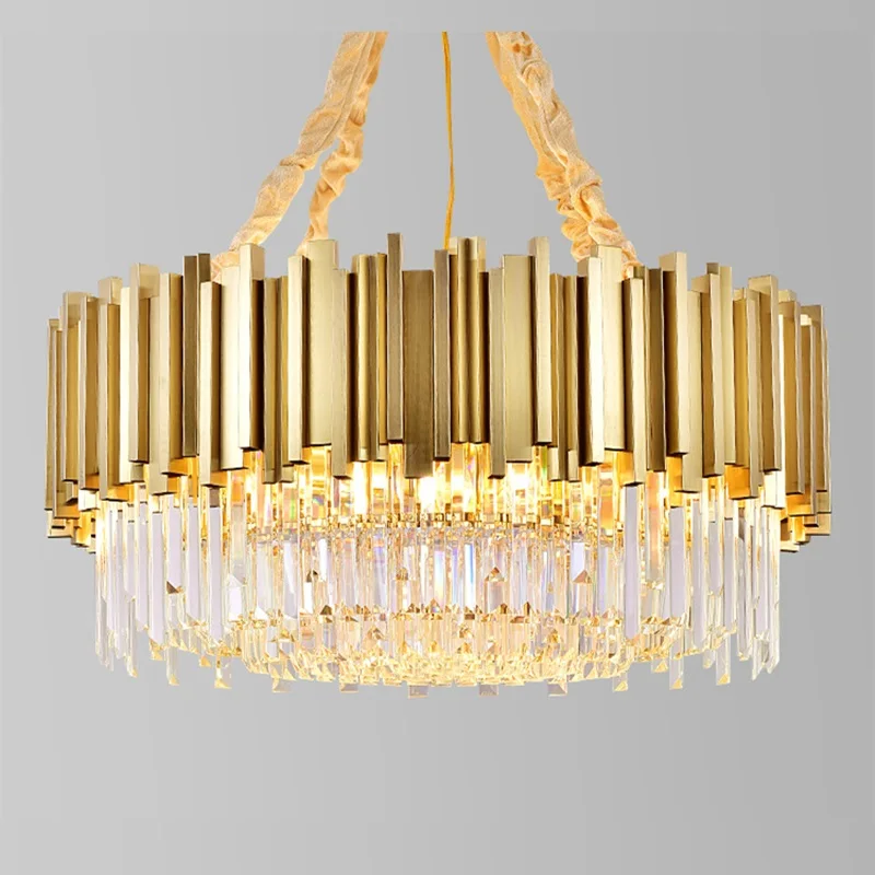 American Luxury Round Gold Black Crystal Ceiling Lamp Chain Pendant Light Modern Crystal Pendant Chandelier Lamp