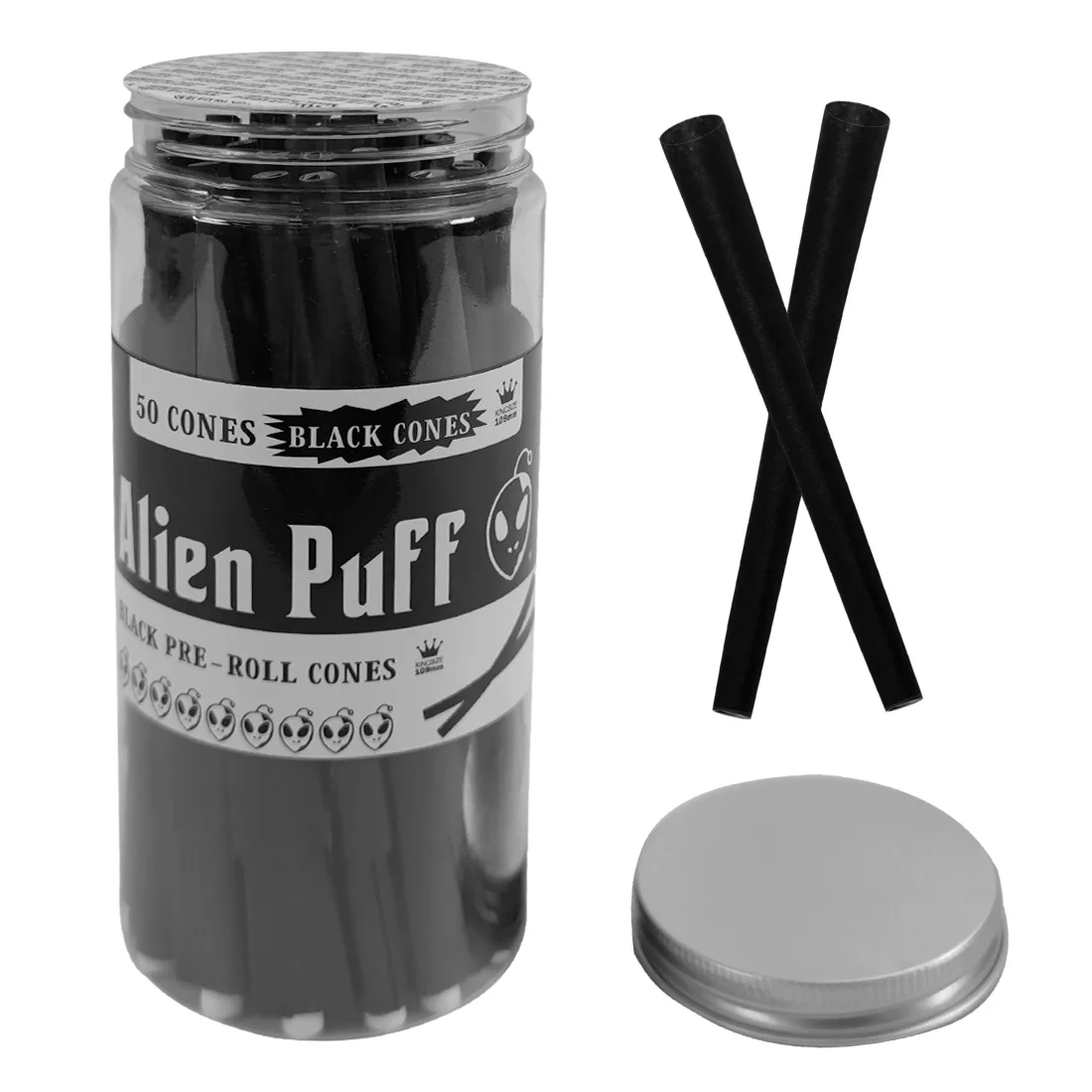 Alien Puff 109mm Black Rolled Cones 50 Cones per Jar Smoking Rolling Paper Custom OEM Cones