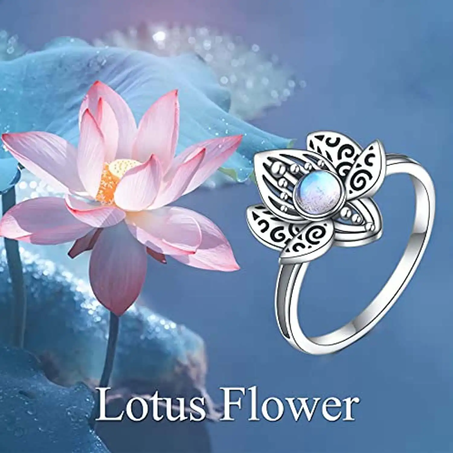 Women Jewelry Gifts New Design Sterling Silver Moonstone Synthetic Lotus Flower Ring
