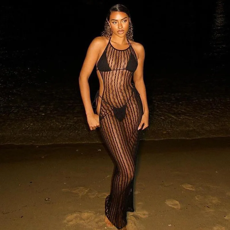 Hot selling summer 2023 backless mesh see through bodycon sleeveless maxi dresses women