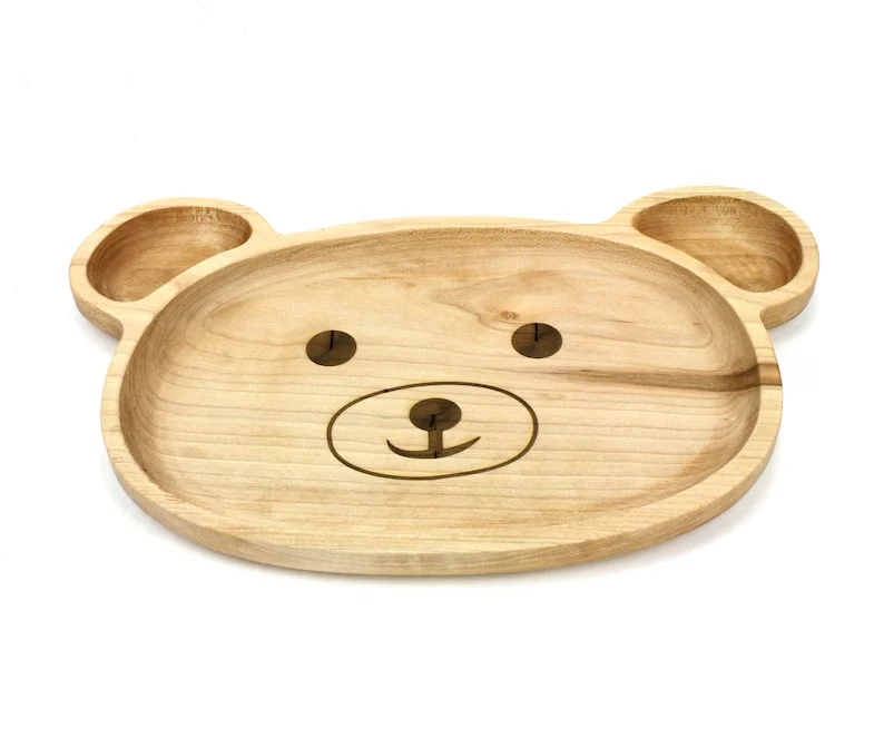 eco-friendly solid Wooden Personalization Child Kids burger chees breakfast bread cheese Snack Dish Baby First Animal Face Plate