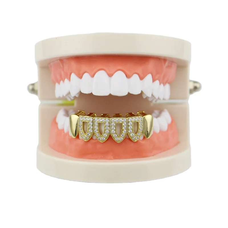 ODM Halloween Vampire Wolf Punk Gold Color Tooth Decoration Copper Cubic Zircon Hip Hop Teeth Grillz Dental Grills Tooth Braces