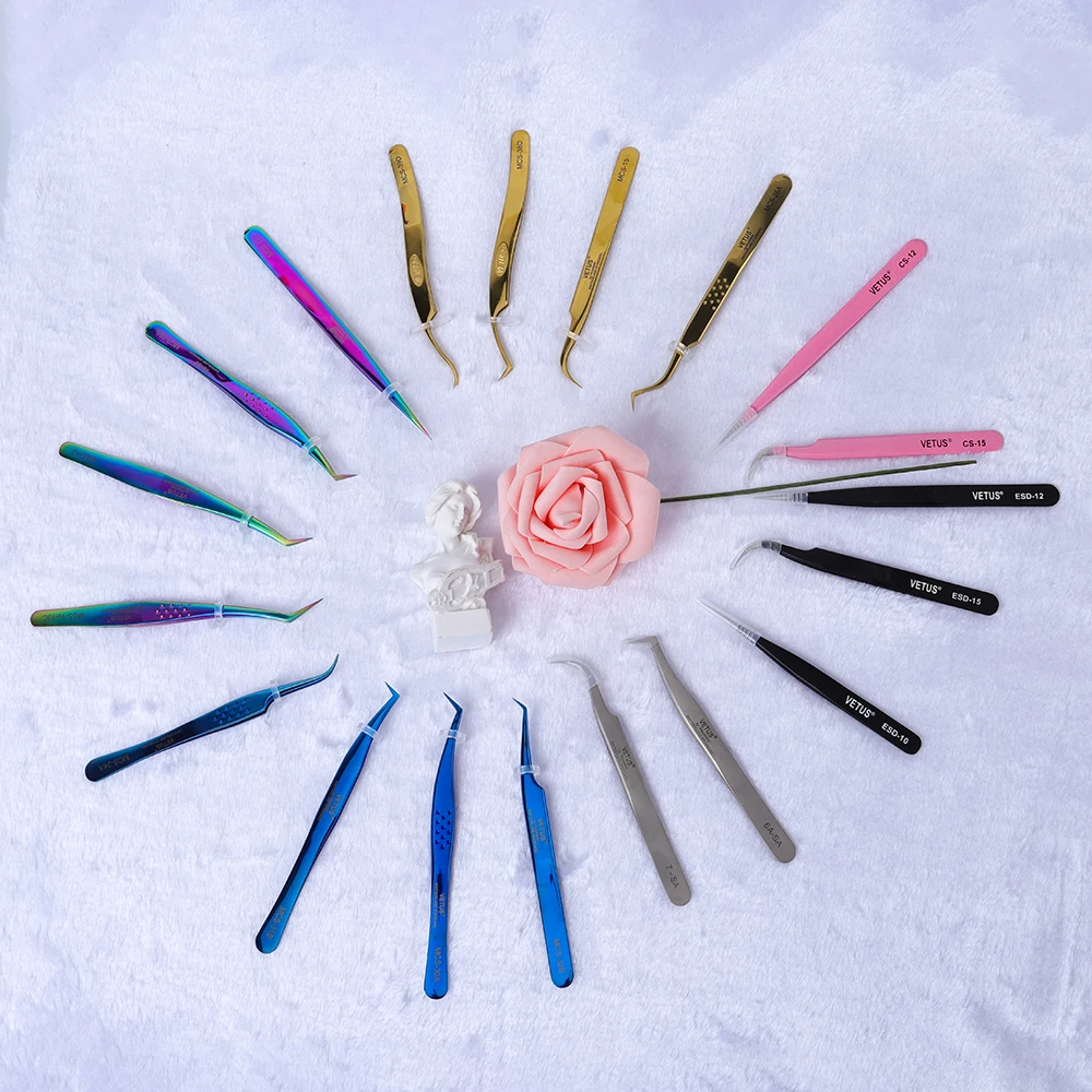 Custom Logo Eyelash Tweezers Rainbow Tweezer Gold Blue Colour Stainless Steel Lash Tweezers For Eyelash Extension