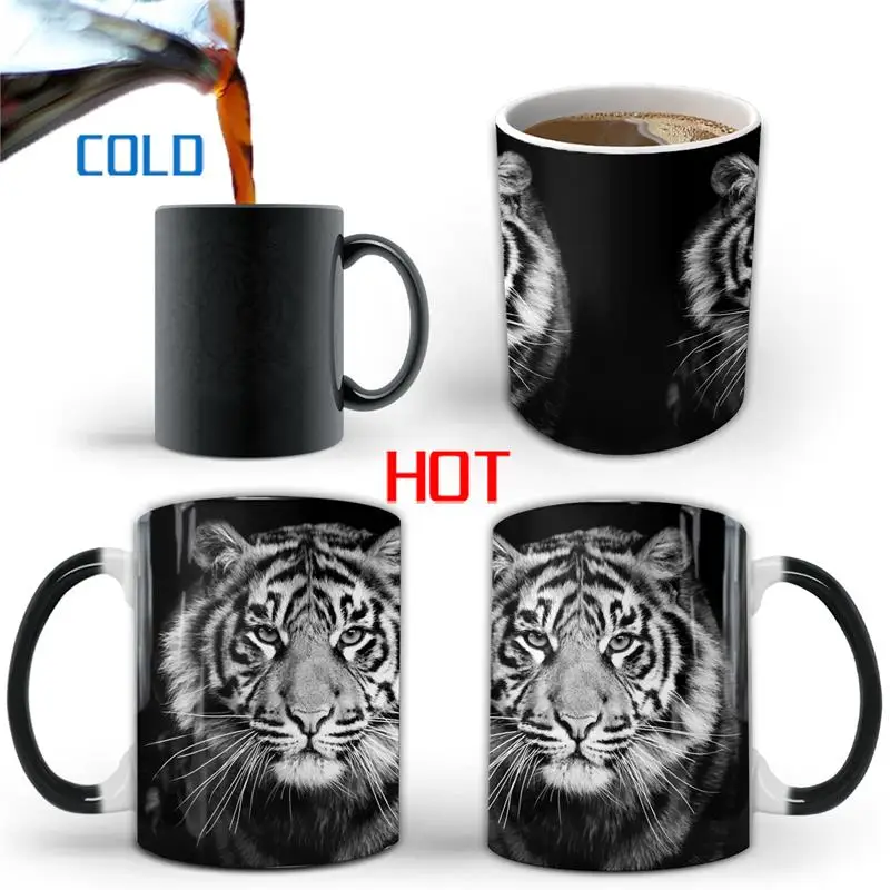 Sublimation Wholesale custom ceramic stoneware 3D tiger lion leopard animal personalized cup color changing ceramic coffee mug