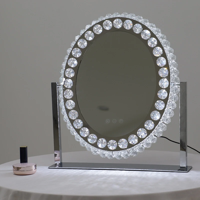 2022 NEW Arrival Oval Vintage Desktop LED lighted crystal makeup vanity mirror crushed diamond mirror