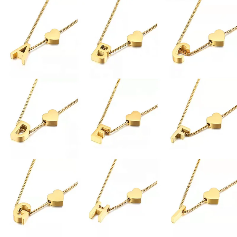 Fashion 18k Gold Plating 26 Letters Alphabet Necklace Stainless Steel Heart Letter Charm Necklace For Women