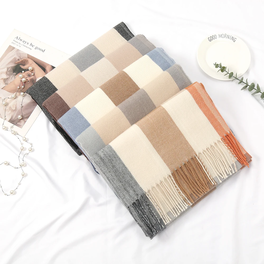 Зима 2022, модная шаль из пашмины с кисточками, женские шерстяные шарфы, плотный кашемировый шарф с принтом в клетку