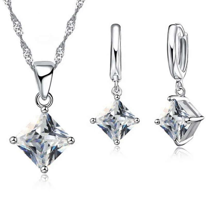 925 Sterling Silver Women Accessories Shiny Princess CZ Necklace Earrings Jewelry Set