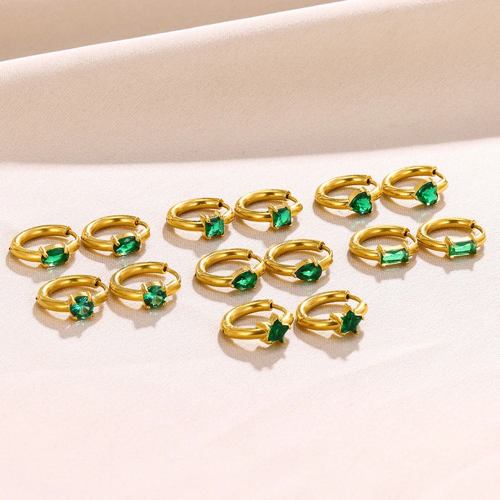 Waterproof Womens Emerald Gemstones Green Zirconia Star Earrings Round Heart Small Hoop Gold Plated Huggies Earrings Jewelry